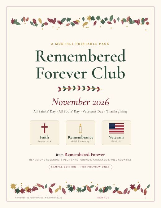 Cover of the November Remembered Forever Club pack showing Faith, Remembrance and Veterans sections