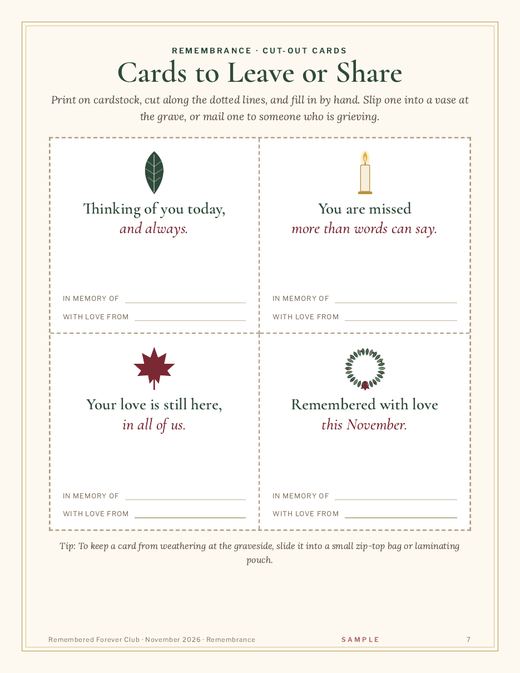 Sample Remembrance page with cards to leave or share