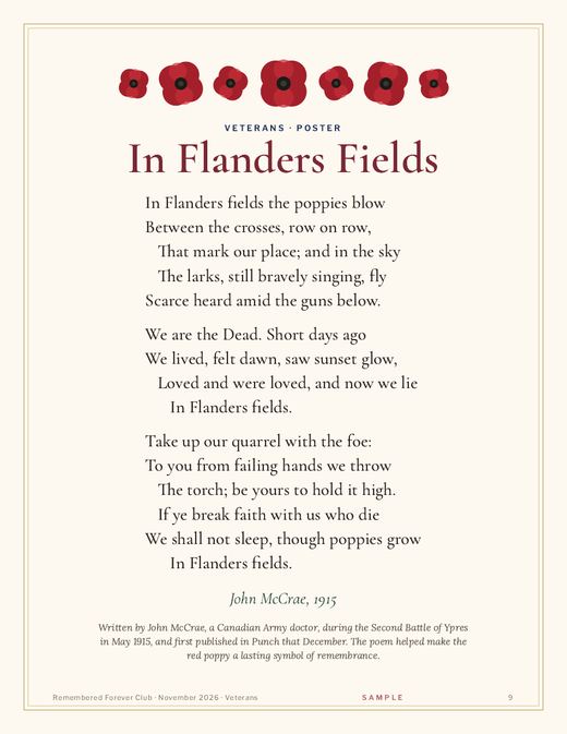 Sample Veterans page with the poem In Flanders Fields